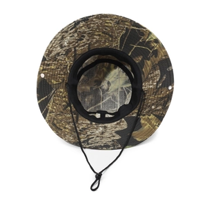 Outdoor camouflage boonie hat with wide brim, mesh breathability and adjustable chin strap