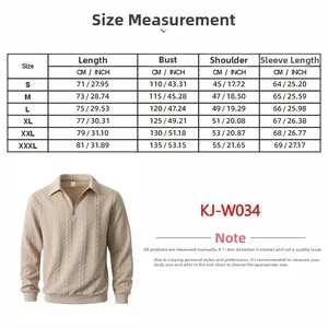 Detailed size chart for men's outdoor quarter-zip sweatshirt showing CM and INCH measurements