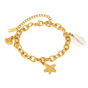 Golden stainless steel chain bracelet with starfish and natural shell pendants