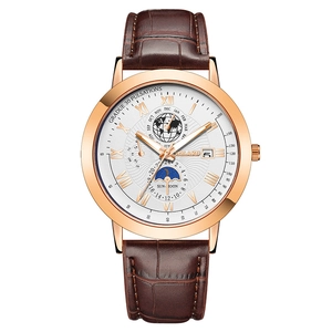 Reloj De Cuarzo Para Hombre Fase Lunar Función De Calendario Correa De Cuero PU Caja De Metal Números Romanos Moda Pulsera