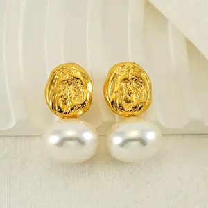Artificial Pearl Drop Earrings Vintage French Lava Texture Stainless Steel Gold Plated Elegant Jewelry For Women