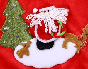 Close-up of Santa Claus and Reindeer embroidery on red plush Christmas stocking