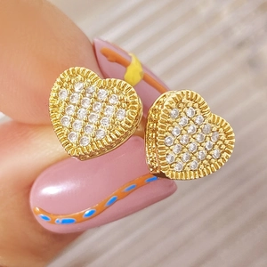 Exquisite 18k gold plated heart stud earrings with sparkling pave micro-set cubic zirconia