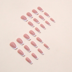 French tip coffin fake nails set in white and nude pink 24pcs ballet style tips