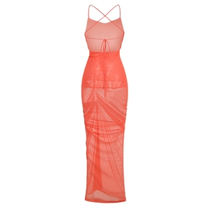 Detail of orange mesh ruched dress featuring delicate straps and open back lacing