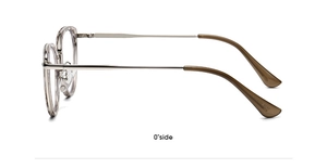 Side view of trendy transparent grey cat-eye frames with sleek silver metal temples