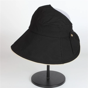 Detail of black wide brim sun hat showing gold button and beige contrast lining