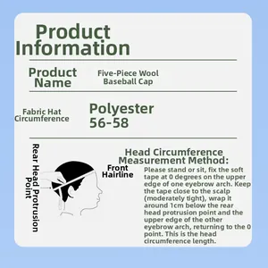 Size guide for 5-panel baseball cap with measurements and head circumference instructions