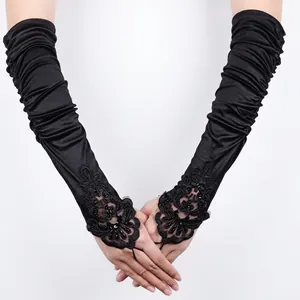 Gants longs de mariée noirs en satin avec broderie en dentelle et paillettes pour robe de soirée