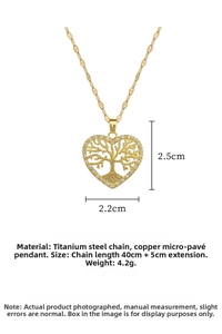 Detailed view of Tree of Life heart pendant with gold finish and sparkling micro-insets
