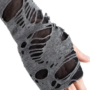 Guanti senza dita punk grigi con fori distressed per cosplay di Halloween e feste gothic
