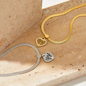 Luxe stainless steel heart tree of life necklaces with crystal pavé and sleek snake chains
