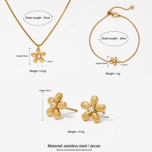 Golden stainless steel flower jewelry set with necklace, bracelet and earrings with zircon