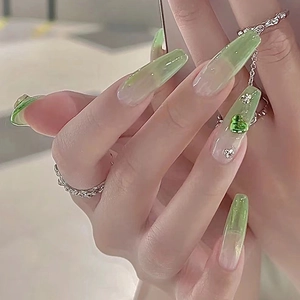Press On Nails Pink Green Gradient Long Coffin Heart Rhinestone Glossy Full Cover False Finger Nails