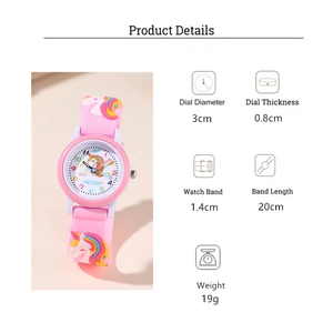 Detailed dimensions of pink unicorn kids watch with rainbow strap and quartz movement