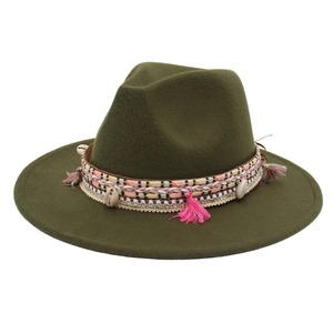 Bohemian Ethnic Style Fedora Hat For Women Wide Brim Woolen Felt Jazz Hat With Shell Tassels Woven Band Vintage Travel Beach