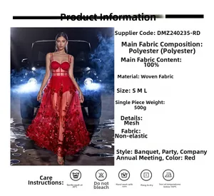 Macro detail of red evening dress featuring sheer mesh fabric and floral embroidery