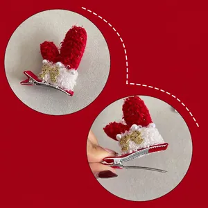 Christmas heart and glove plush hair clip with golden bow and pearls for women