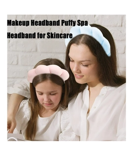 Soft puffy spa headbands in blue and pink for makeup and skincare routines