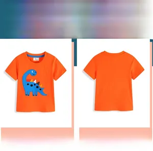 Detailed front and back view of orange toddler T-shirt with dinosaur embroidery applique