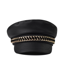 Classic black PU leather baker boy hat with gold chain accent and military style peak