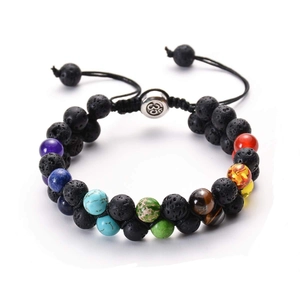 Double-layered braided bracelet with black lava beads and colorful chakra stones with Om clasp