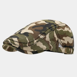 Detail view of washed camouflage ivy cap with vintage adjustable metal side buckle