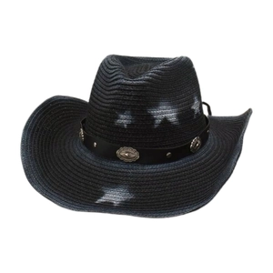 Chapeau de cowboy en paille noire avec motifs d'étoiles blanches et boucles métalliques