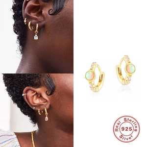 Elegant S925 sterling silver gold huggie earrings with round opal and sparkling diamonds