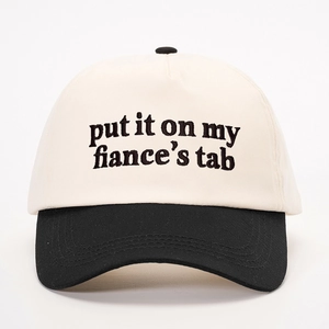 Contrast baseball cap with Put it on my fiance's tab embroidery in white and black