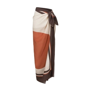 Brown and beige geometric print beach wrap skirt with elegant waist tie detail