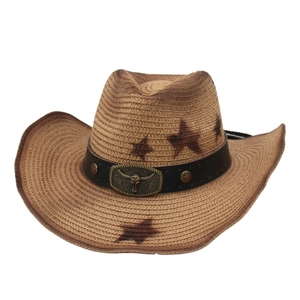 Western star print straw cowboy hat with vintage bull head buckle and studs