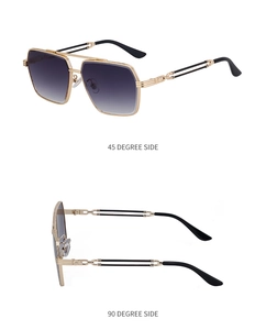 Detail view of gold metal sunglasses with purple gradient lenses from side angles