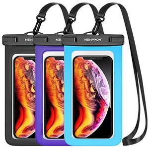 Three-piece set of waterproof phone pouches in black, purple, and blue with secure locks