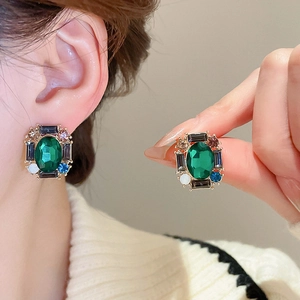 Elegant emerald green zircon stud earrings with vintage multi-color crystal accents