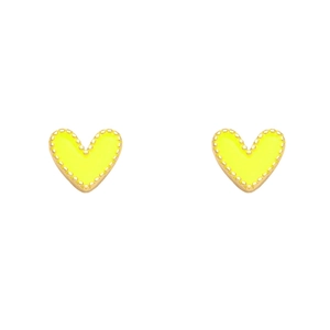 Detail view of heart stud earrings with gold beaded edges and neon yellow enamel filling