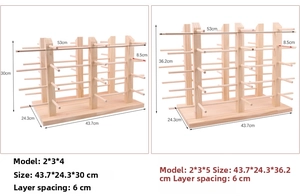 Detailed dimensions of four and five-tier solid pine wood display racks for eyewear