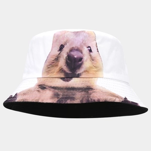 Close-up of a white bucket hat featuring a realistic Quokka animal print and stitched brim