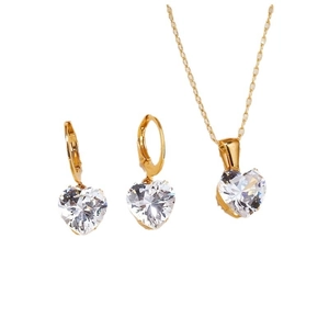 Gold plated stainless steel heart jewelry set with white cubic zirconia necklace and earrings