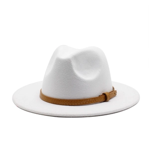 Detail of white wool fedora hat featuring a brown snakeskin pattern leather belt strap