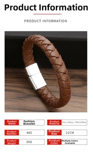 Close-up of brown braided leather bracelet with zinc alloy magnetic clasp and details