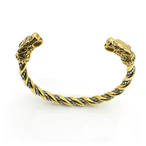 Retro Viking dragon head open bangle with twisted gold and silver metal design