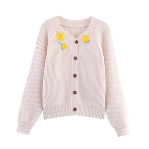 Women Knit Cardigan Sweater Loose Fit Sunflower Embroidery V Neck Single Breasted Long Sleeve Casual Outerwear