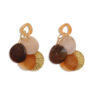 Retro geometric resin drop earrings with brown acrylic patterns and gold textured metal