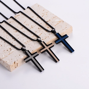 Men's stainless steel cross necklace set with silver, gold, and blue textured inlay