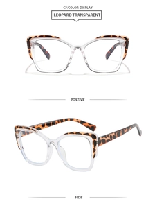 Dettaglio frontale e laterale degli occhiali TR anti-luce blu in leopardo e trasparente