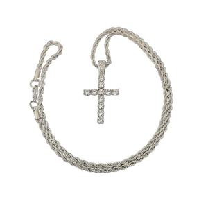 Hip hop silver stainless steel cross pendant necklace with sparkling clear cubic zirconia