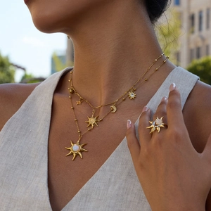 18K gold plated stainless steel sun opal pendant necklace and ring jewelry set for women