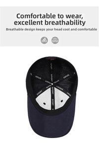 Detail view of breathable navy blue baseball cap interior with mesh and sport banding