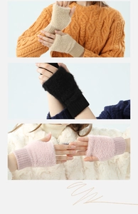 Plush knitted fingerless gloves for women in beige, black, and pink color options